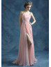 One Shoulder Beaded Blush Pink Ruched Chiffon Evening Dress